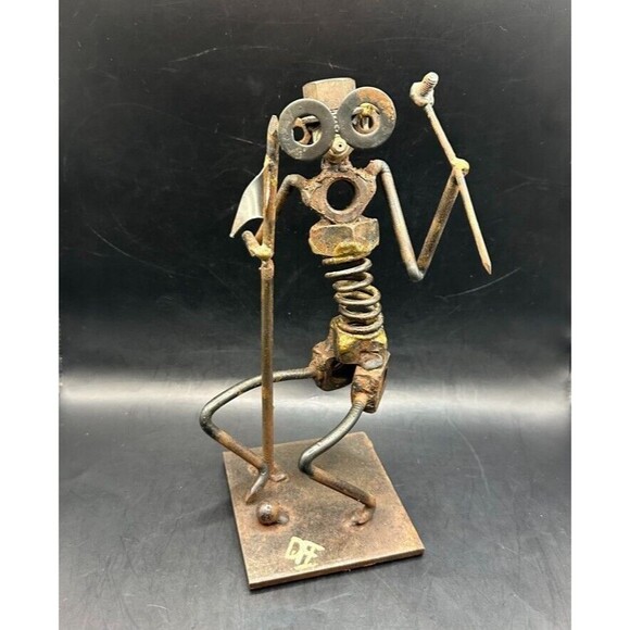 Vintage Metal Golfer Nuts Bolts Figure Flag Welded Art Unique Signed DFF Patina - Picture 1 of 16
